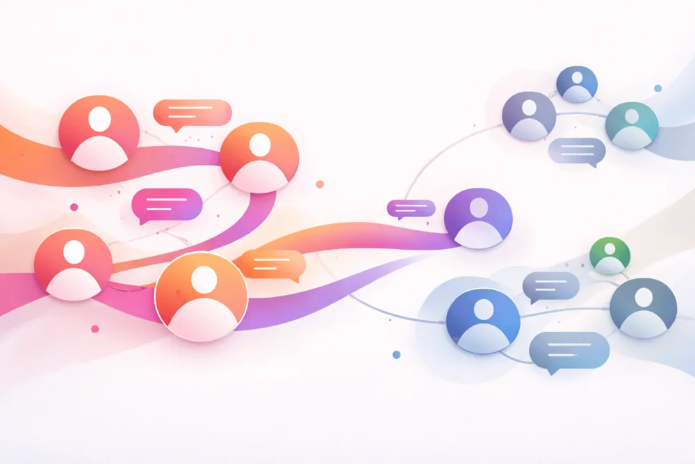 Modern illustration showing connected profile shapes and conversation bubbles representing how Threads links to Instagram and differs from other social platforms.