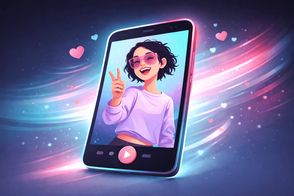 Illustrated TikTok creator shown inside a phone with soft motion effects, representing momentum and consistent growth over time.