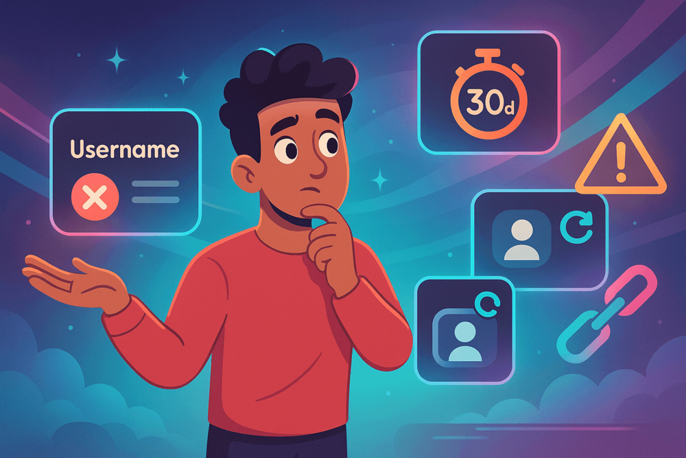 Creator surrounded by floating troubleshooting icons for unavailable usernames, timers, warnings, refresh issues, and broken links on a colorful TikTok-inspired background.