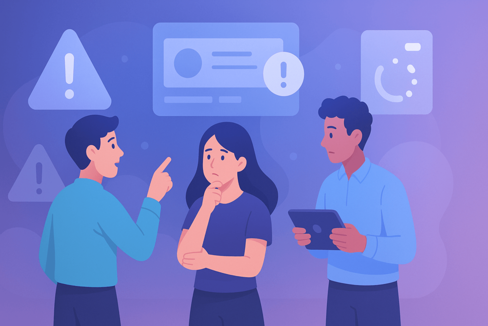 People examining floating error icons and device screens in a cartoon-style troubleshooting illustration.