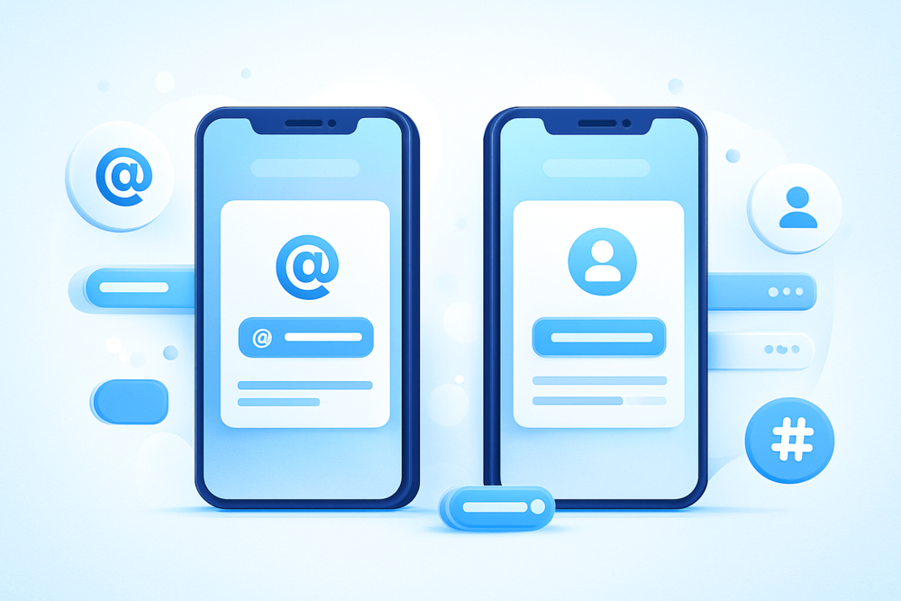 Two abstract smartphone screens comparing Twitter Handle vs Display Name elements.