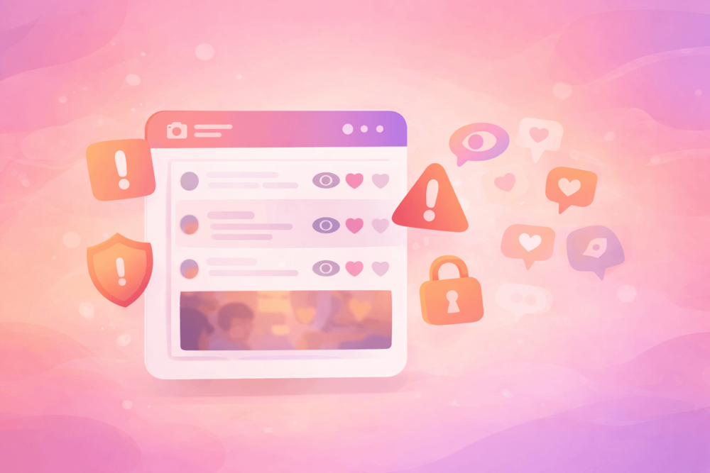 Illustration showing an unverified app interface with warning icons and security symbols, representing unreliable Instagram screenshot tracking tools.