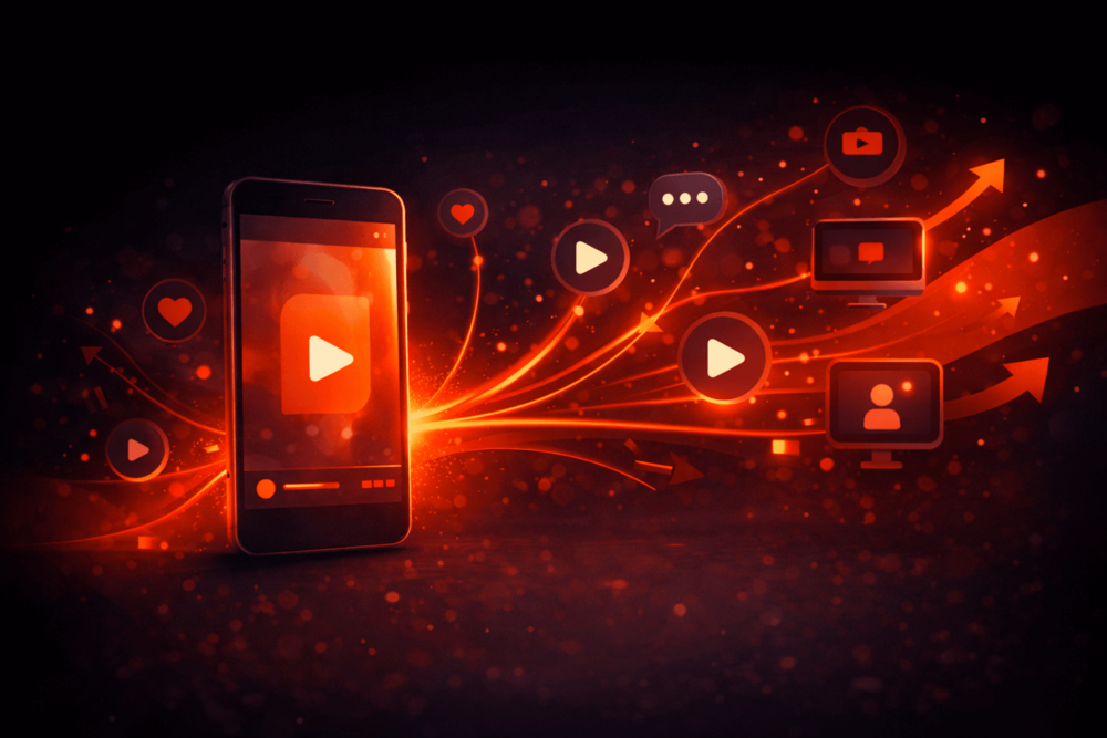 Illustration showing a short-form video spreading across multiple platforms, representing how YouTube Shorts and external sharing boost reach and visibility.