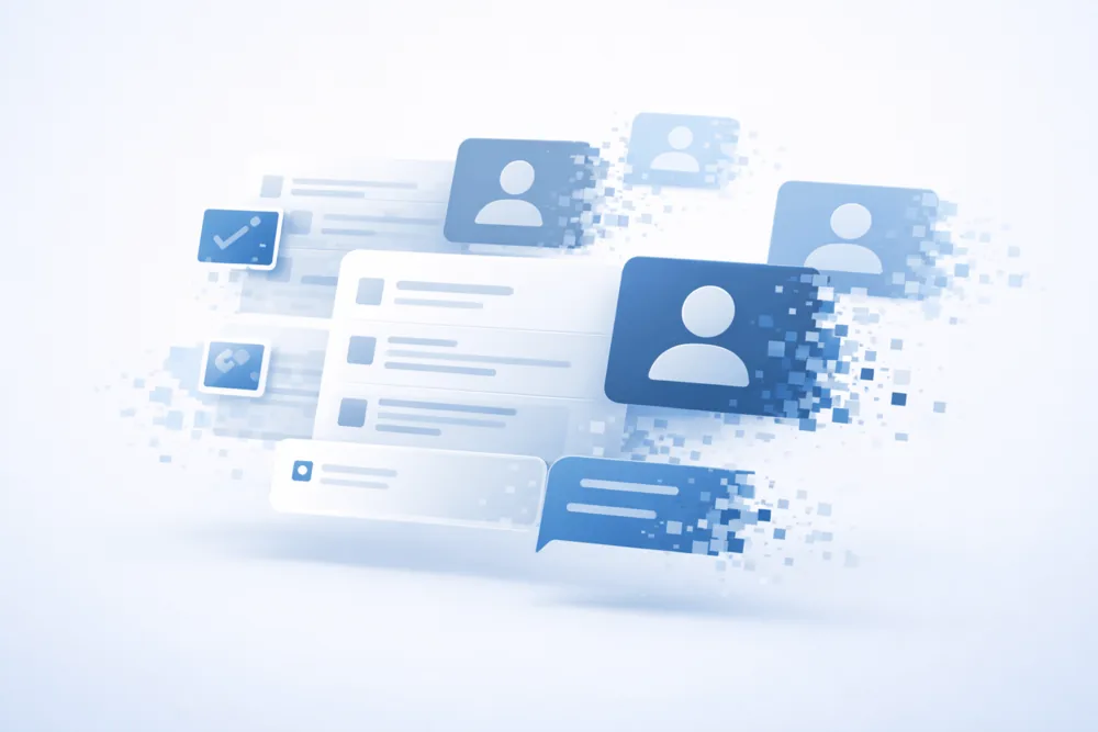 Abstract illustration showing disappearing chat bubbles and contact icons, representing what happens after deleting a Telegram account
