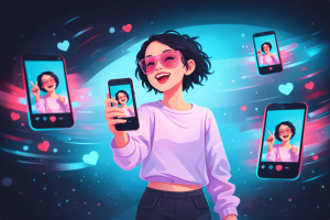 Illustrated TikTok creator filming a video as duplicate phone screens fade outward, representing growing reach and momentum.