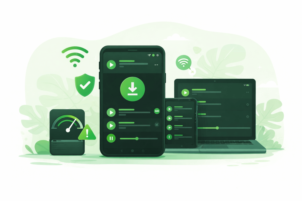 Illustration showing a smartphone, tablet, and laptop with a music app interface, Wi-Fi and download icons, representing the requirements for downloading songs on Spotify