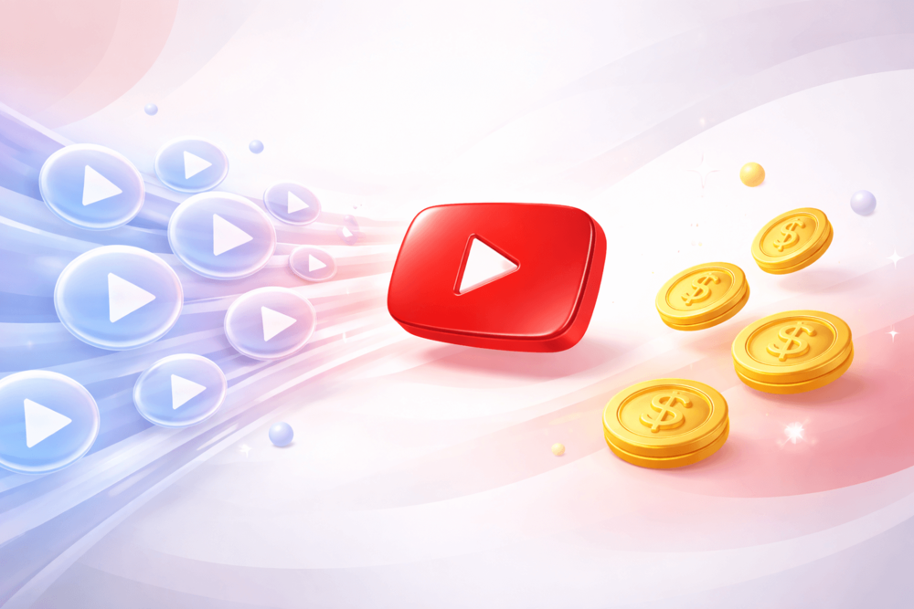 Illustration showing many YouTube views represented visually, with fewer coins nearby to show that views do not always equal income.