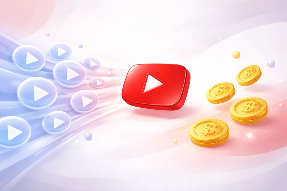 Illustration showing many YouTube views represented visually, with fewer coins nearby to show that views do not always equal income.