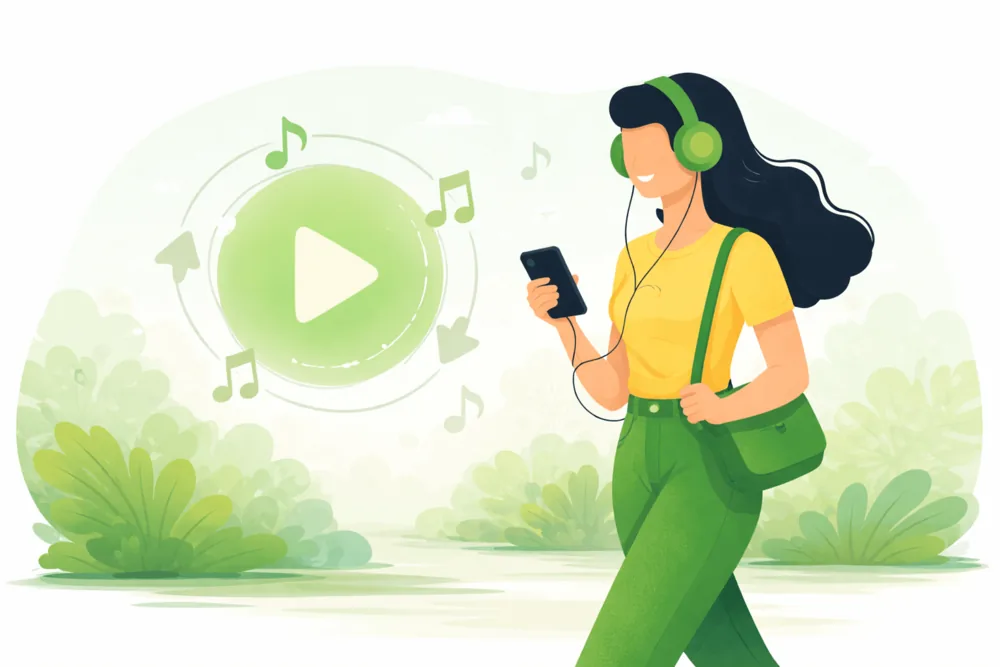 Illustration of a person walking while listening to music on a smartphone with headphones, representing easy and consistent Spotify listening habits