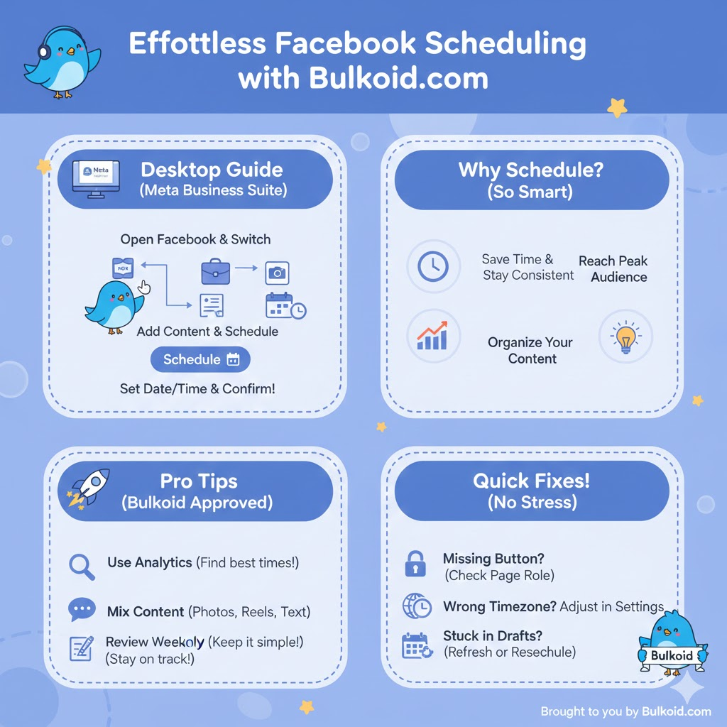 How to schedule a post on Facebook - Bulkoid Infographic
