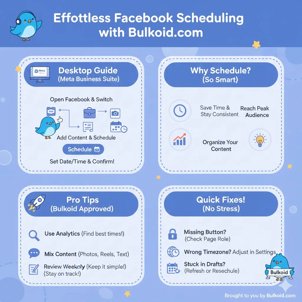 How to schedule a post on Facebook - Bulkoid Infographic

