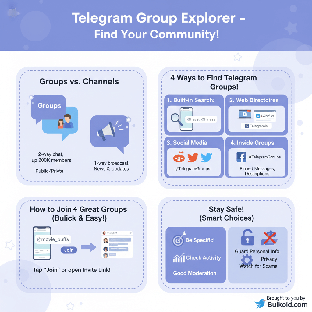 How to find telegram groups - Bulkoid Infographic