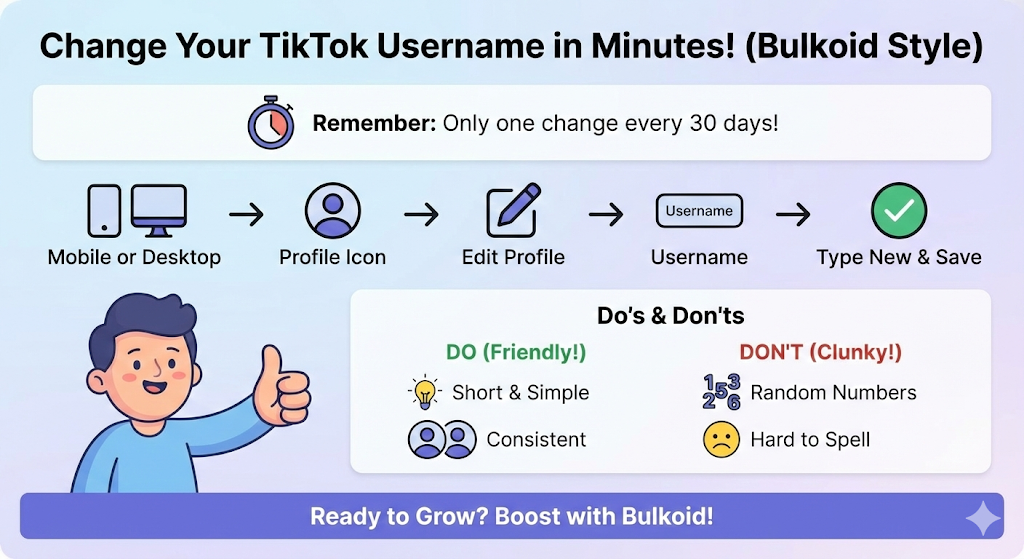 Infographic: Friendly guide to changing your TikTok username on mobile and desktop.