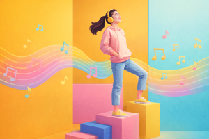 Artist listening to music while standing on colorful platforms representing growth and momentum on SoundCloud