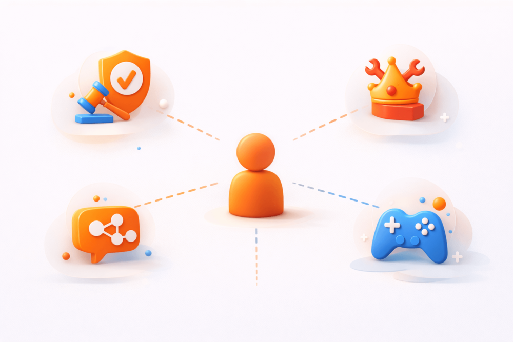 Illustration showing a Reddit user separated from moderator, admin, and gaming symbols to represent common OP misunderstandings