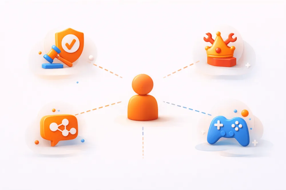 Illustration showing a Reddit user separated from moderator, admin, and gaming symbols to represent common OP misunderstandings