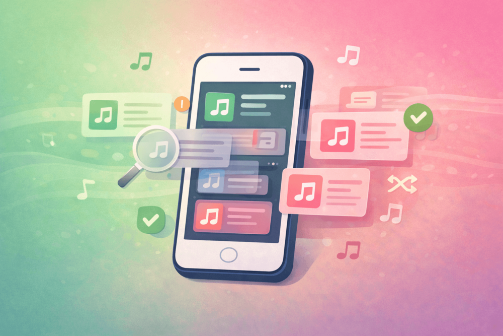 Illustration showing playlist issues being reviewed and fixed during a Spotify to Apple Music transfer.