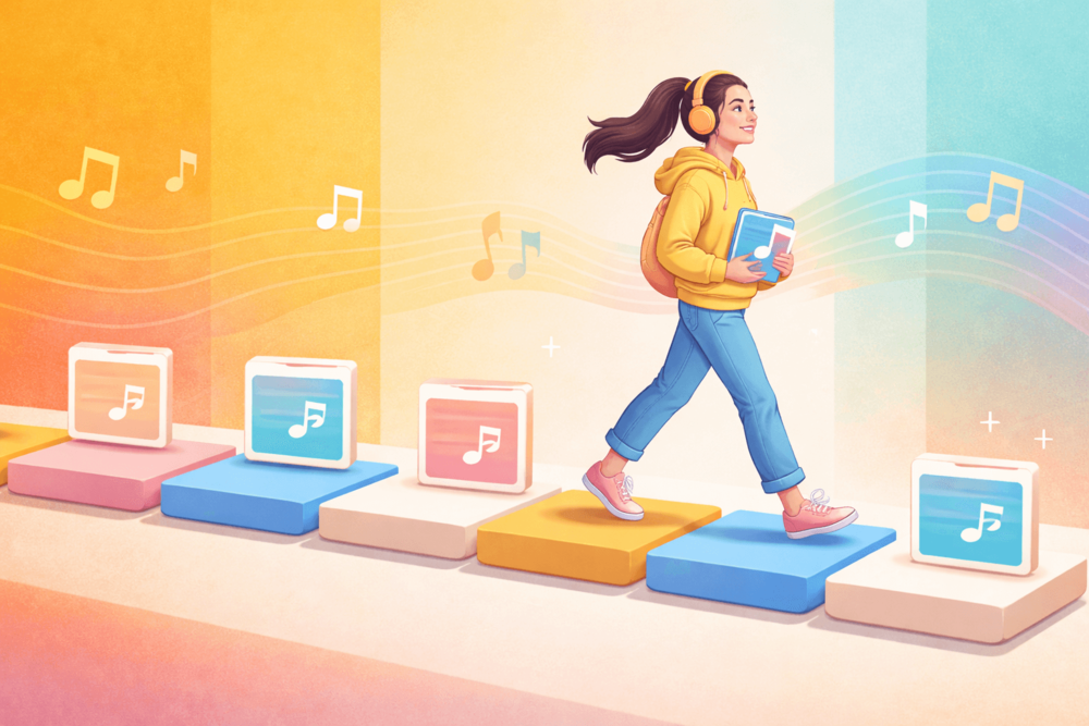 Artist walking across evenly spaced platforms representing consistent uploads and steady growth on SoundCloud