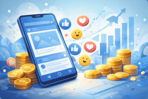 Illustration showing a smartphone and engagement elements representing earning money through Facebook content and consistent growth