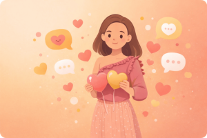 Cute corporate illustration of a creator surrounded by soft abstract engagement icons, representing organic Threads follower growth