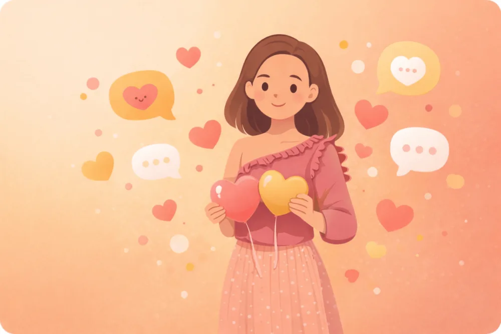 Cute corporate illustration of a creator surrounded by soft abstract engagement icons, representing organic Threads follower growth