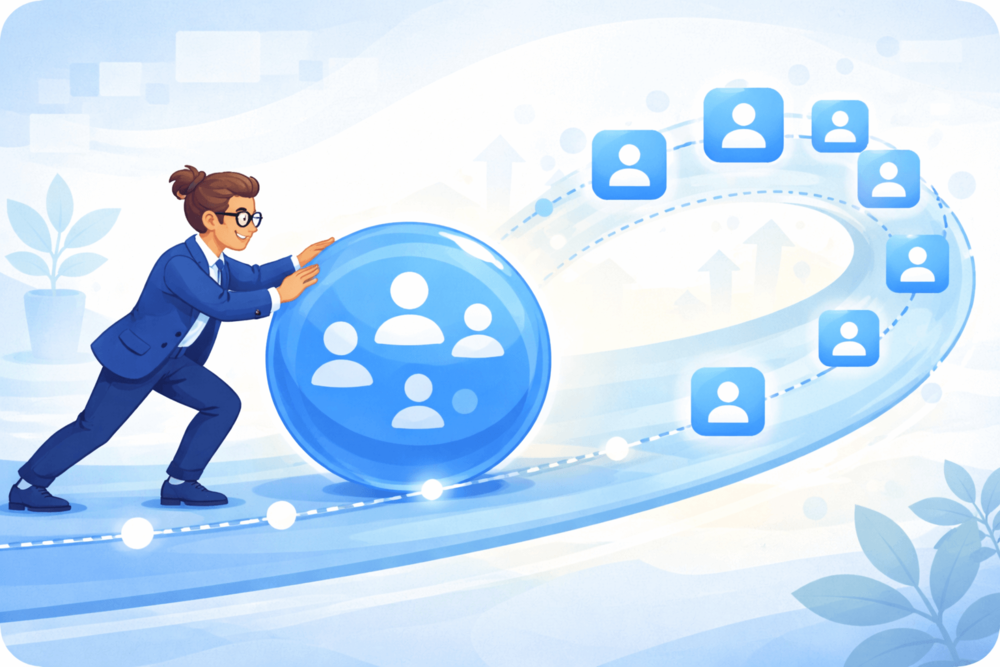 Cartoon-style illustration showing steady growth and momentum for a LinkedIn company page