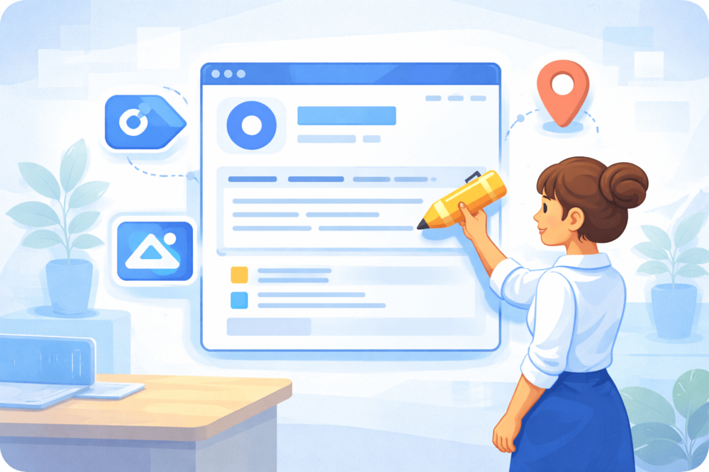 Simple cartoon-style illustration showing the optimization of a LinkedIn company page