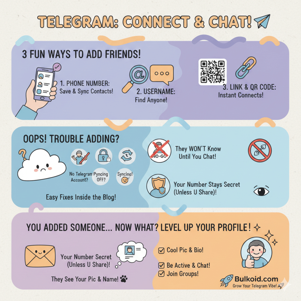 How to add someone on Telegram - Bulkoid Infographic