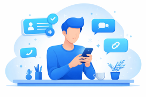 Illustration showing a person adding a new contact on a messaging app, representing how to add someone on Telegram easily using simple connection options.