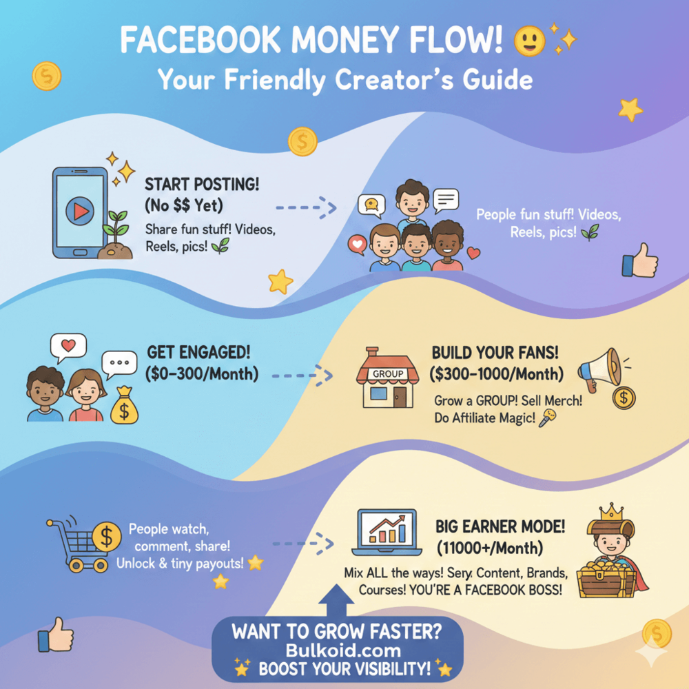 How to earn money using Facebook - Bulkoid Infographic