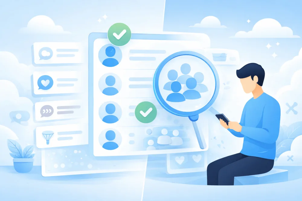 Cartoon-style illustration showing a Twitter user reviewing and managing followers, focusing on engagement quality, muted content, and intentional audience maintenance.