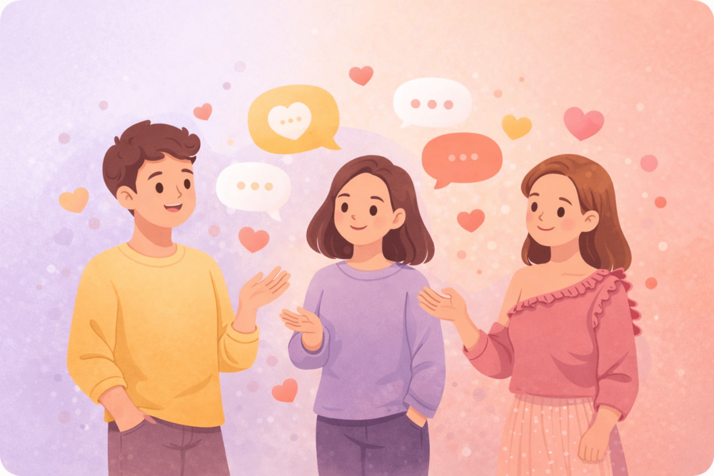 Cute corporate illustration of people chatting with floating speech bubbles and hearts, representing reply-driven engagement on Threads
