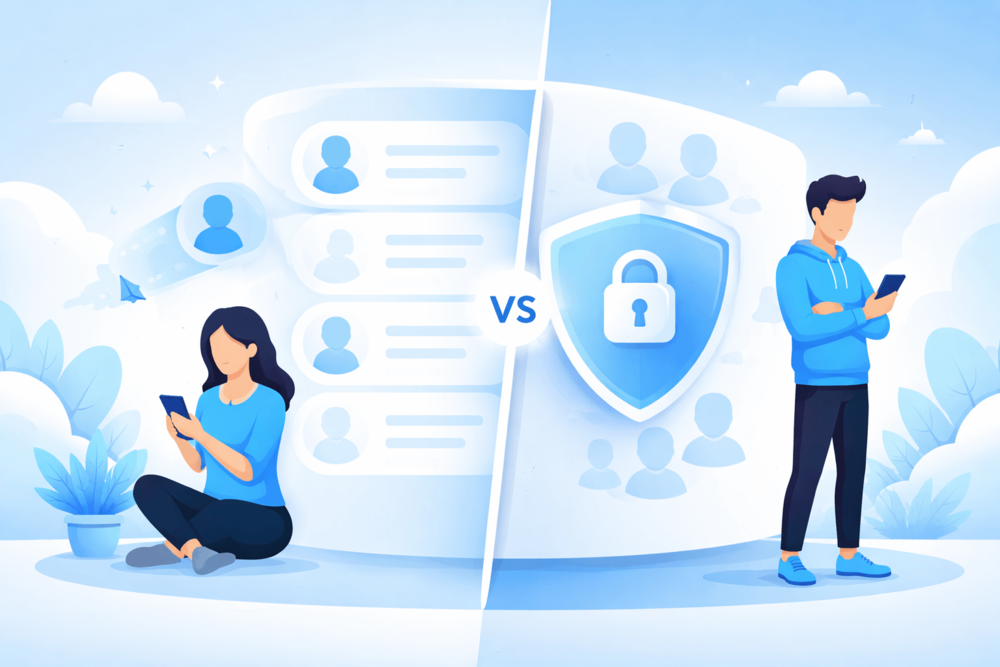 Cartoon-style illustration comparing removing followers and blocking on Twitter, showing a calm follower removal on one side and a stronger blocked boundary on the other.