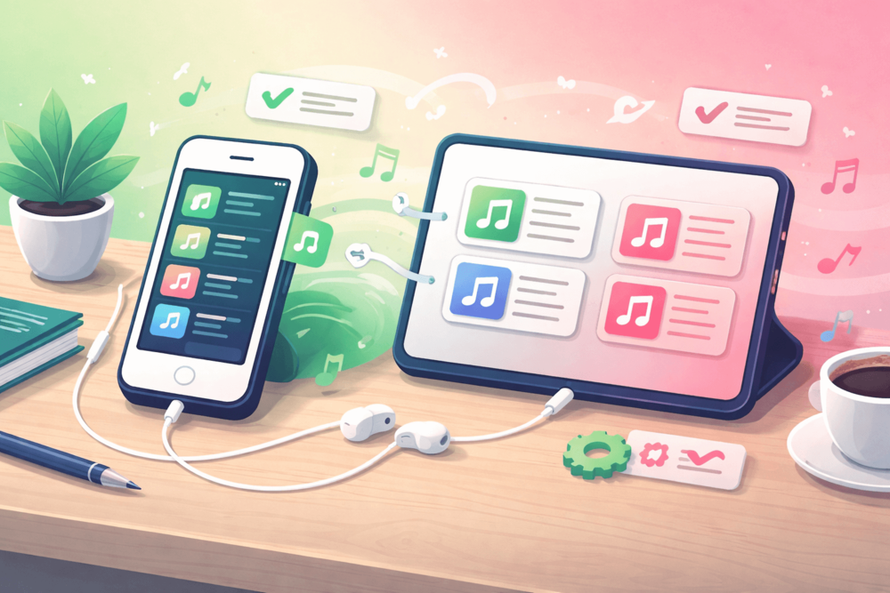 Illustration showing devices and playlist cards representing tools used to transfer Spotify playlists to Apple Music.