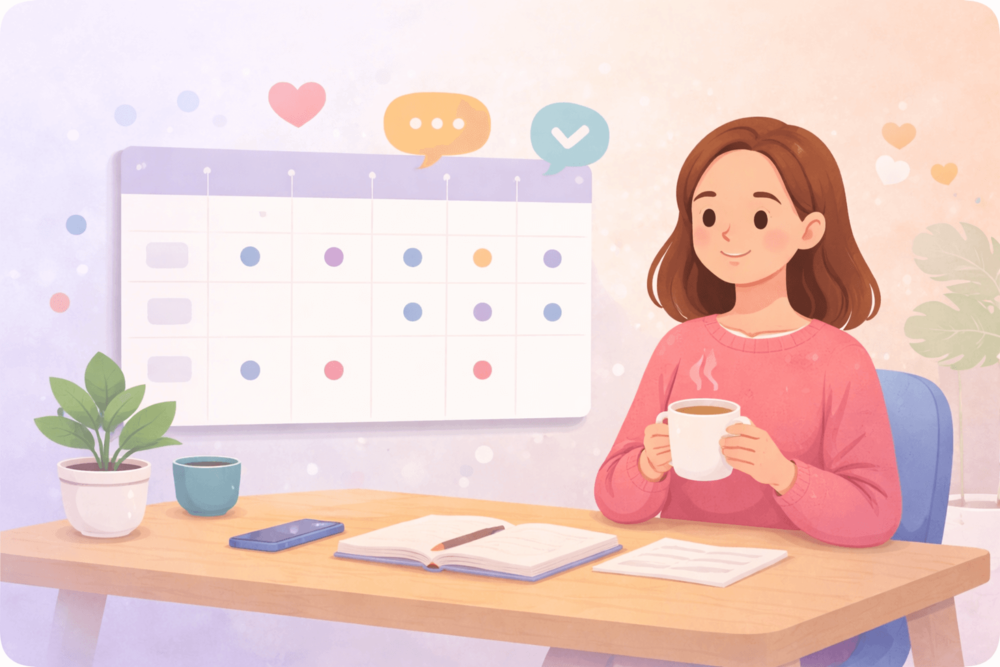 Cute corporate illustration of a creator maintaining a balanced posting rhythm, representing consistency without overposting on Threads