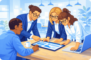 Illustration of a cartoon-style business team collaborating to set up a LinkedIn company page
