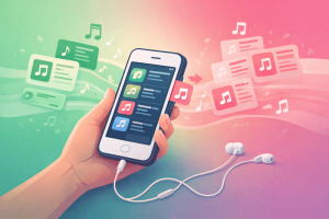 Illustration of a smartphone with music playlists smoothly moving between platforms, representing transferring Spotify playlists to Apple Music.