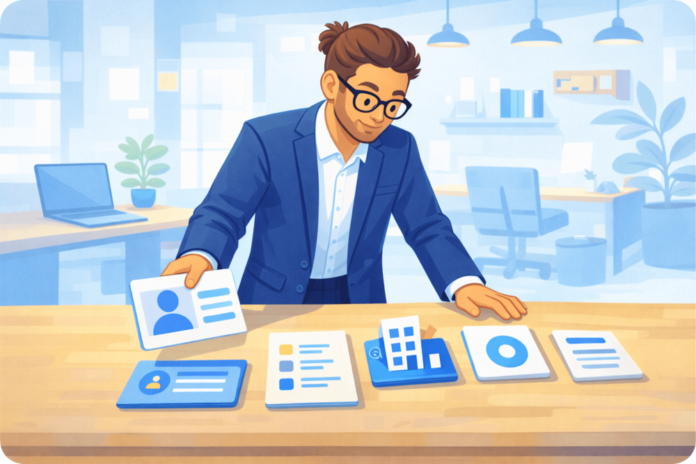 Cartoon-style illustration showing the key items needed before creating a LinkedIn company page