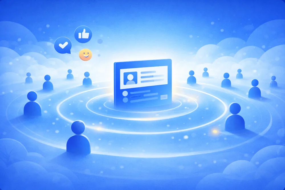 Illustration showing Facebook content gaining visibility as it reaches a wider audience
