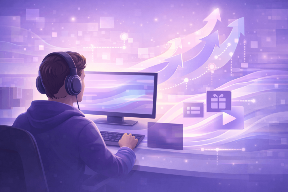 Illustration showing a Twitch streamer building visibility and engagement as part of long-term monetization