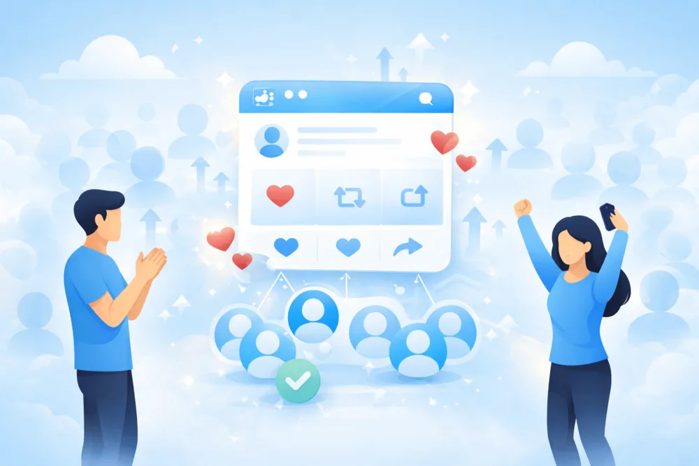 Cartoon-style illustration showing a Twitter post gaining engagement from a small group of active followers, highlighting quality interactions over follower count.