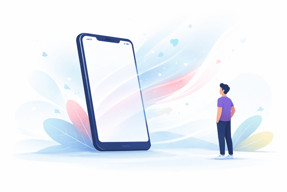 Illustration showing a smartphone with soft upward motion elements, representing clear TikTok captions, early visibility, and steady content growth.