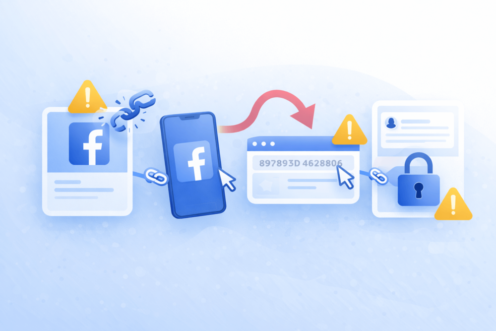 Illustration showing common Facebook link issues such as broken links, redirects, and restricted access, using abstract icons and Facebook’s blue color palette.