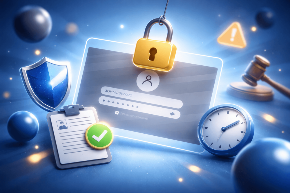 3D illustration of a greyed-out social media account panel with lock, shield, and document symbols representing account suspension and appeal review process.