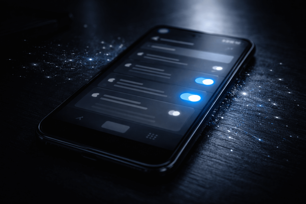 Dark landscape image of a smartphone with glowing privacy toggles and fading digital particles symbolizing reduced Facebook ad targeting and data tracking.