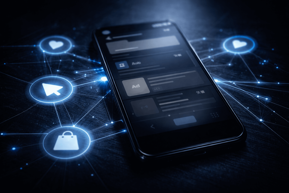 Dark landscape image of a smartphone surrounded by glowing connection lines and abstract interaction icons symbolizing Facebook ad targeting and engagement tracking.