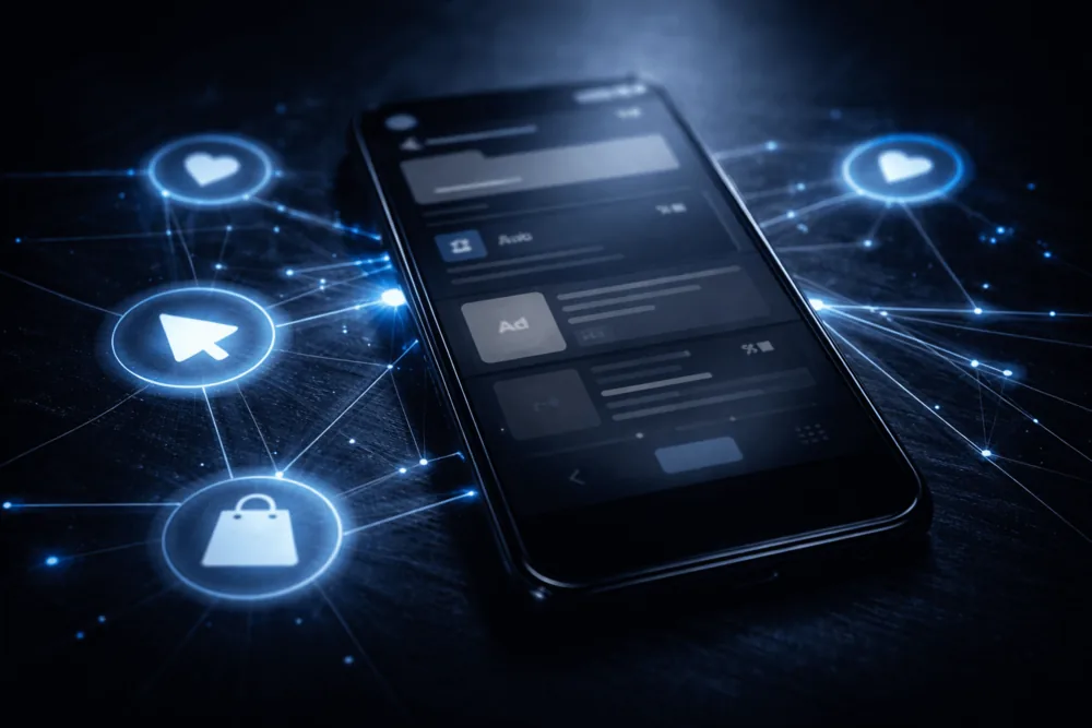 Dark landscape image of a smartphone surrounded by glowing connection lines and abstract interaction icons symbolizing Facebook ad targeting and engagement tracking.