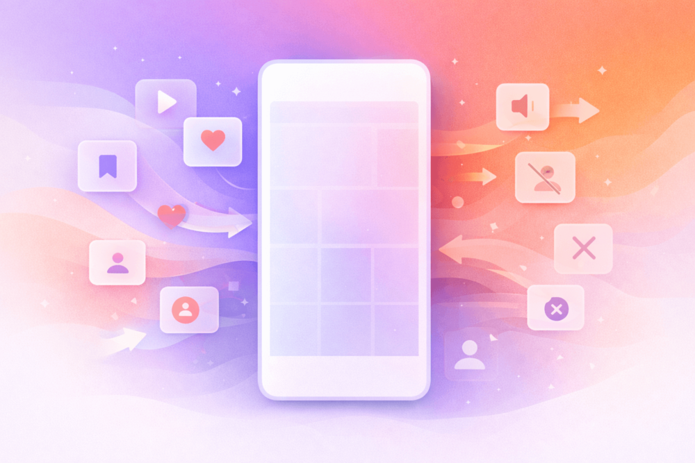 Illustrated smartphone surrounded by engagement icons flowing in and out, representing how user interactions influence Instagram Explore recommendations