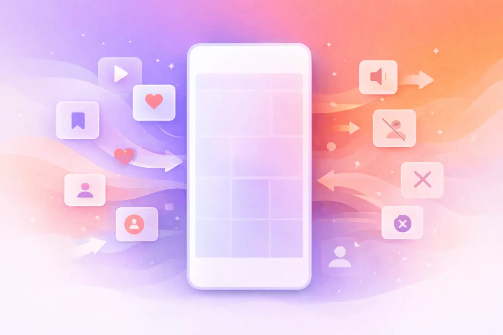 Illustrated smartphone surrounded by engagement icons flowing in and out, representing how user interactions influence Instagram Explore recommendations