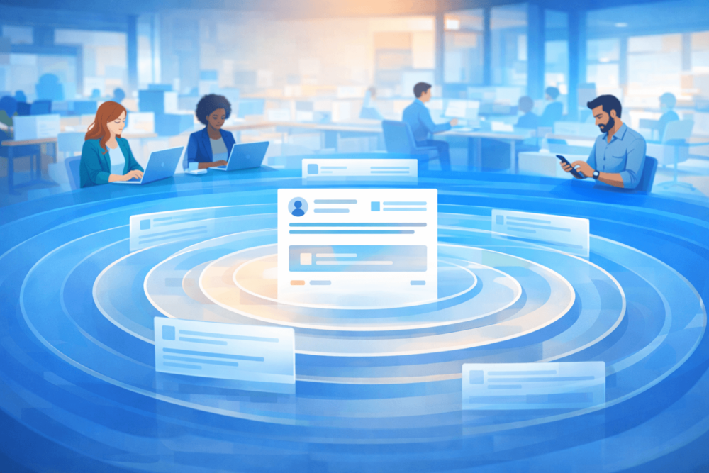 Corporate illustration showing content visibility growing gradually across a professional feed, representing how LinkedIn impressions are distributed over time
